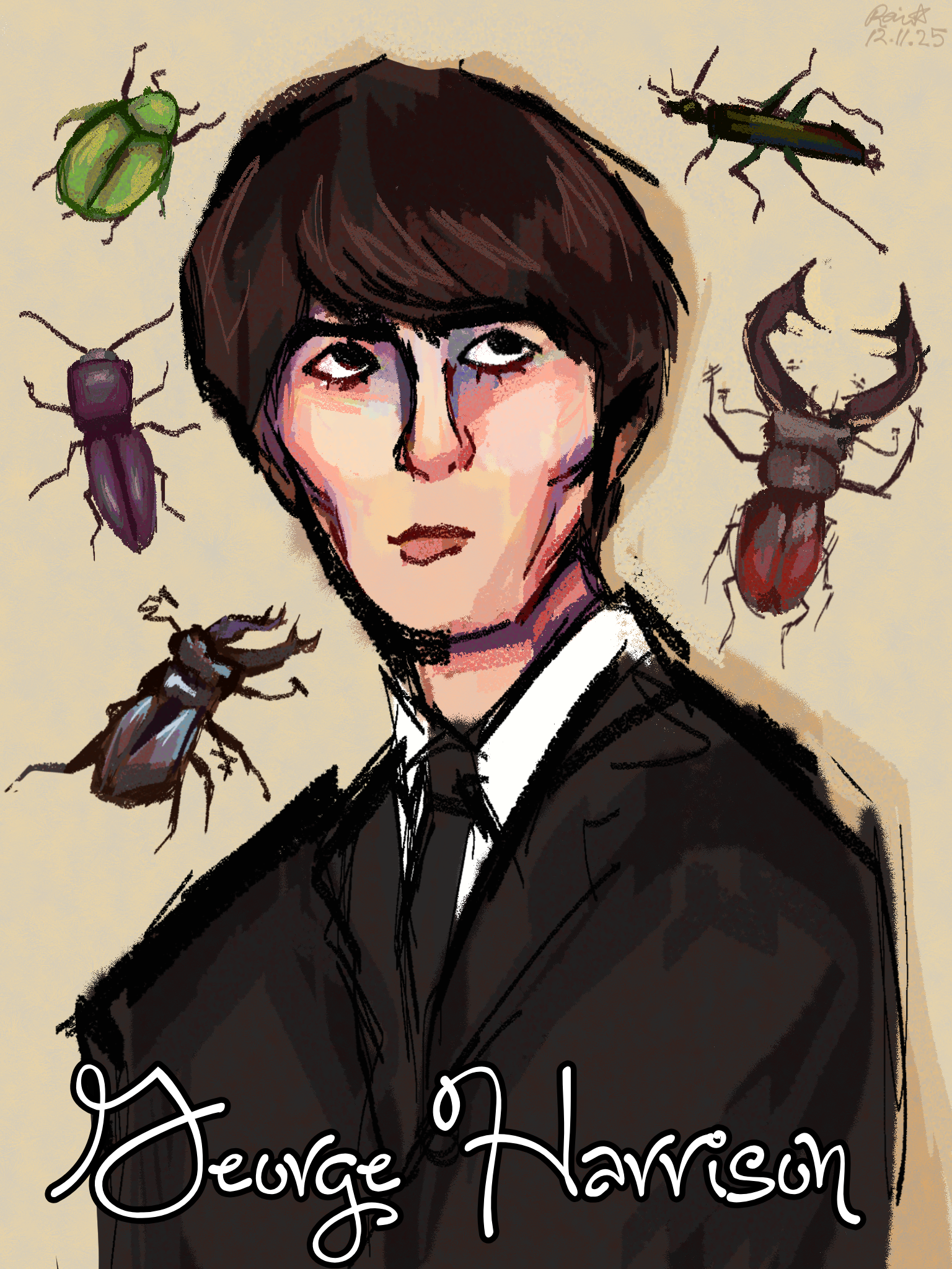 george harrison surrounded by various different types of beetles