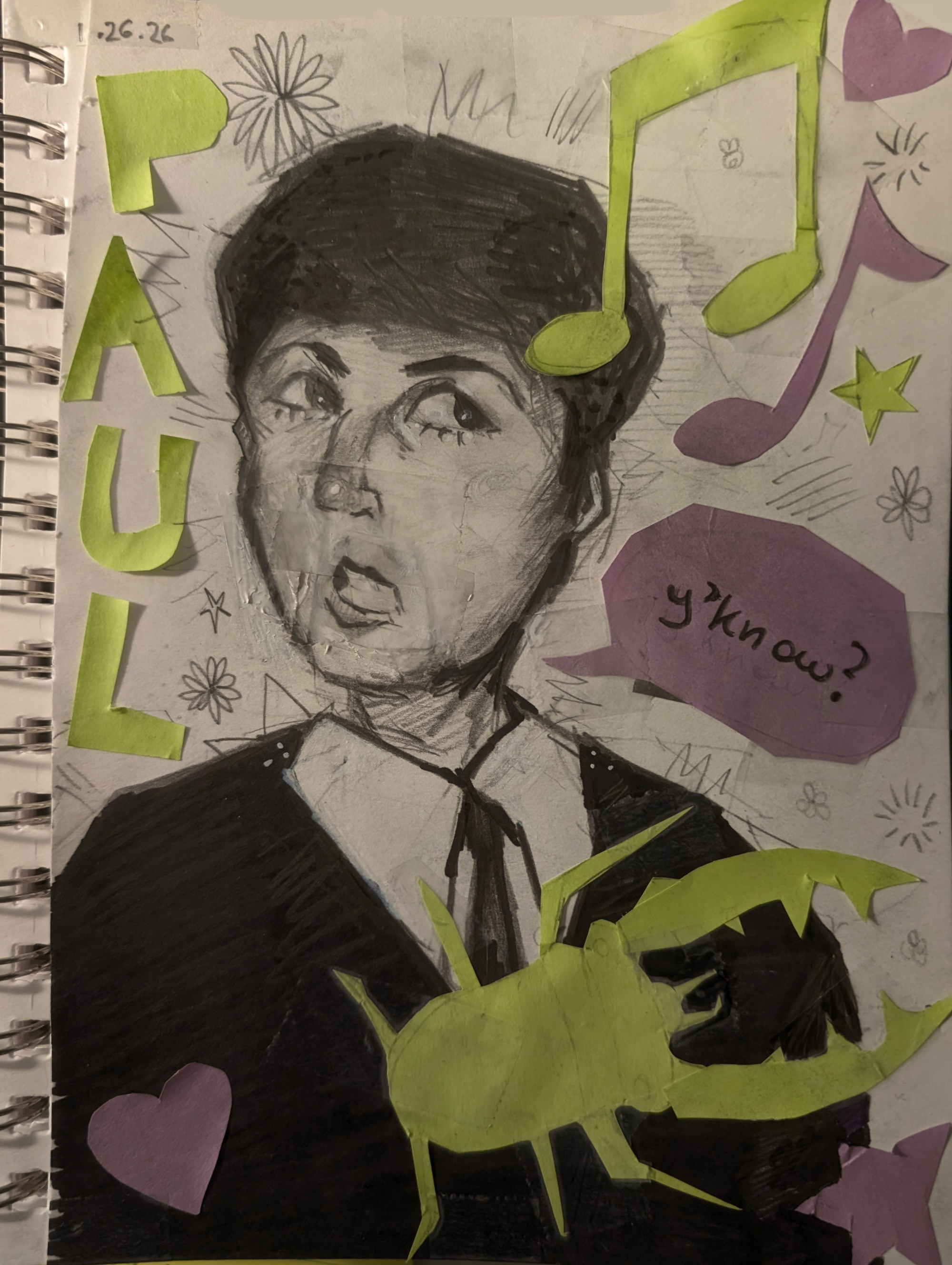 traditional art of 1963 paul mccartney with paper cutouts of beetles